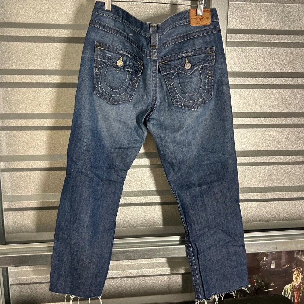 True Religion Joey Jeans Mens 32 Blue Denim Raw Hem Y2K Streetwear Made in USA